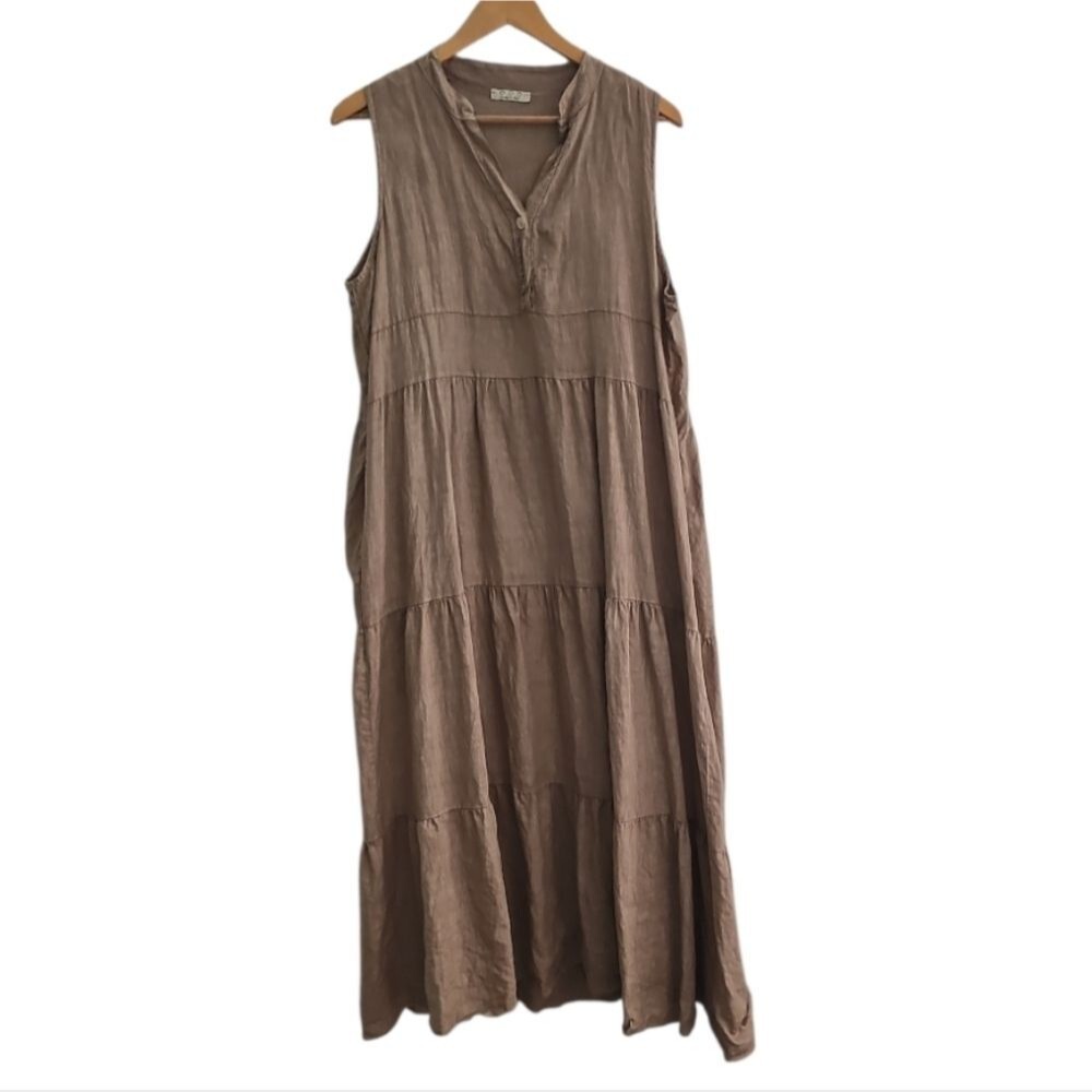 Made in Italy 100% Linen Maxi Dress Women’s L Beige Tiered Lagenlook Minimalist